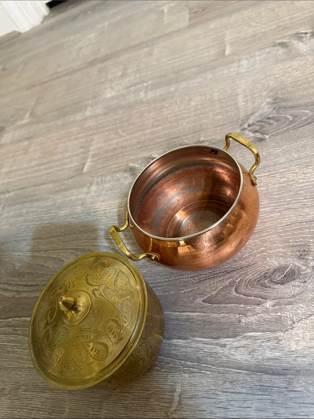 Sarna Etched Brass Bowl and Copper and Brass Handi Handled Pot  3 pieces Lot